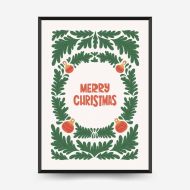 Mutlu Noeller ve mutlu yıllar dikey uçucu ya da poster şablonu. Modern trend Matisse minimal tarzı. Duvar kağıdı, duvar dekoru, baskı, kartpostal, kapak, şablon, pankart için el çizimi tasarımı.