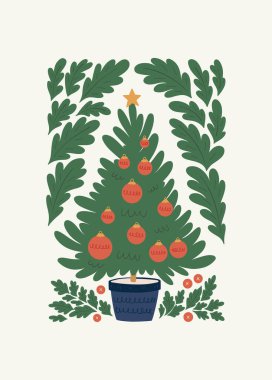 Mutlu Noeller ve mutlu yıllar illüstrasyonu. Modern moda minimal tarz. Duvar kağıdı, duvar dekoru, baskı, kartpostal, kapak, şablon, pankart için el çizimi tasarımı.