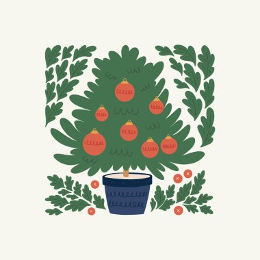 Mutlu Noeller ve mutlu yıllar illüstrasyonu. Modern moda minimal tarz. Duvar kağıdı, duvar dekoru, baskı, kartpostal, kapak, şablon, pankart için el çizimi tasarımı.