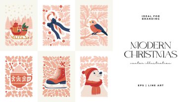 Mutlu Noeller ve mutlu yıllar illüstrasyonu. Modern moda minimal tarz. Duvar kağıdı, duvar dekoru, baskı, kartpostal, kapak, şablon, pankart için el çizimi tasarımı.