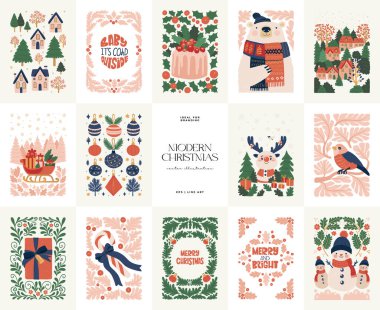 Mutlu Noeller ve mutlu yıllar illüstrasyonu. Modern moda minimal tarz. Duvar kağıdı, duvar dekoru, baskı, kartpostal, kapak, şablon, pankart için el çizimi tasarımı.