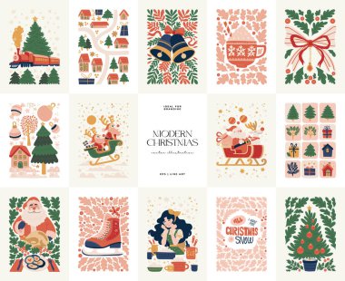 Mutlu Noeller ve mutlu yıllar illüstrasyonu. Modern moda minimal tarz. Duvar kağıdı, duvar dekoru, baskı, kartpostal, kapak, şablon, pankart için el çizimi tasarımı.