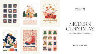 Mutlu Noeller ve mutlu yıllar illüstrasyonu. Modern moda minimal tarz. Duvar kağıdı, duvar dekoru, baskı, kartpostal, kapak, şablon, pankart için el çizimi tasarımı.