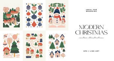 Mutlu Noeller ve mutlu yıllar illüstrasyonu. Modern moda minimal tarz. Duvar kağıdı, duvar dekoru, baskı, kartpostal, kapak, şablon, pankart için el çizimi tasarımı.