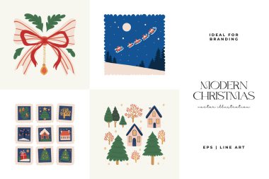 Mutlu Noeller ve mutlu yıllar illüstrasyonu. Modern moda minimal tarz. Duvar kağıdı, duvar dekoru, baskı, kartpostal, kapak, şablon, pankart için el çizimi tasarımı.