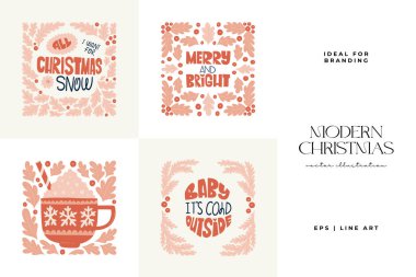 Mutlu Noeller ve mutlu yıllar illüstrasyonu. Modern moda minimal tarz. Duvar kağıdı, duvar dekoru, baskı, kartpostal, kapak, şablon, pankart için el çizimi tasarımı.