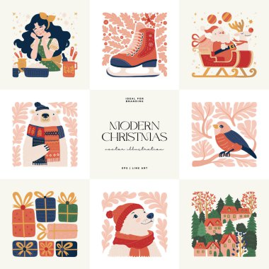 Mutlu Noeller ve mutlu yıllar illüstrasyonu. Modern moda minimal tarz. Duvar kağıdı, duvar dekoru, baskı, kartpostal, kapak, şablon, pankart için el çizimi tasarımı.