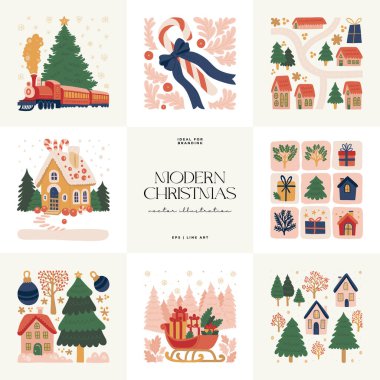 Mutlu Noeller ve mutlu yıllar illüstrasyonu. Modern moda minimal tarz. Duvar kağıdı, duvar dekoru, baskı, kartpostal, kapak, şablon, pankart için el çizimi tasarımı.