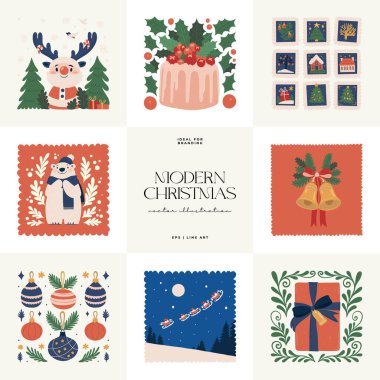 Mutlu Noeller ve mutlu yıllar illüstrasyonu. Modern moda minimal tarz. Duvar kağıdı, duvar dekoru, baskı, kartpostal, kapak, şablon, pankart için el çizimi tasarımı.