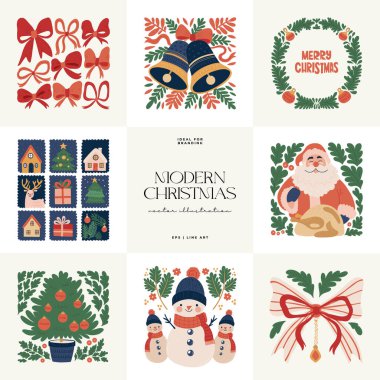 Mutlu Noeller ve mutlu yıllar illüstrasyonu. Modern moda minimal tarz. Duvar kağıdı, duvar dekoru, baskı, kartpostal, kapak, şablon, pankart için el çizimi tasarımı.