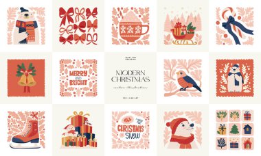 Mutlu Noeller ve mutlu yıllar illüstrasyonu. Modern moda minimal tarz. Duvar kağıdı, duvar dekoru, baskı, kartpostal, kapak, şablon, pankart için el çizimi tasarımı.