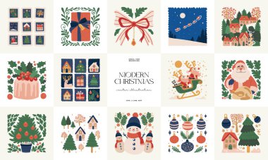 Mutlu Noeller ve mutlu yıllar illüstrasyonu. Modern moda minimal tarz. Duvar kağıdı, duvar dekoru, baskı, kartpostal, kapak, şablon, pankart için el çizimi tasarımı.