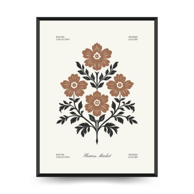 Soyut linocut çiçek posteri şablonu. Modern moda minimal tarz. Siyah ve beyaz renkler. Sihir, kızlar ve mistik. Duvar kağıdı, duvar dekoru, baskı, kartpostal, kapak, şablon, pankart için el çizimi tasarımı. 