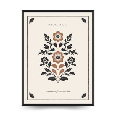 Soyut linocut çiçek posteri şablonu. Modern moda minimal tarz. Siyah ve beyaz renkler. Sihir, kızlar ve mistik. Duvar kağıdı, duvar dekoru, baskı, kartpostal, kapak, şablon, pankart için el çizimi tasarımı. 