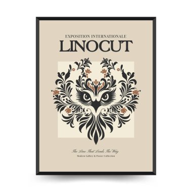 Soyut linocut çiçek posteri şablonu. Modern moda minimal tarz. Siyah ve beyaz renkler. Sihir, kızlar ve mistik. Duvar kağıdı, duvar dekoru, baskı, kartpostal, kapak, şablon, pankart için el çizimi tasarımı. 