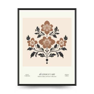 Abstract linocut floral posters template. Modern trendy minimal style. Black and white colors. Magic., girls and mystical. Hand drawn design for wallpaper, wall decor, print, postcard, cover, template, banner.  clipart