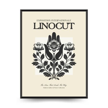 Soyut linocut çiçek posteri şablonu. Modern moda minimal tarz. Siyah ve beyaz renkler. Sihir, kızlar ve mistik. Duvar kağıdı, duvar dekoru, baskı, kartpostal, kapak, şablon, pankart için el çizimi tasarımı. 