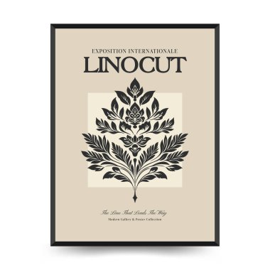 Soyut linocut çiçek posteri şablonu. Modern moda minimal tarz. Siyah ve beyaz renkler. Sihir, kızlar ve mistik. Duvar kağıdı, duvar dekoru, baskı, kartpostal, kapak, şablon, pankart için el çizimi tasarımı. 
