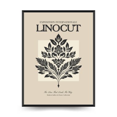 Abstract linocut floral posters template. Modern trendy minimal style. Black and white colors. Magic., girls and mystical. Hand drawn design for wallpaper, wall decor, print, postcard, cover, template, banner.  clipart