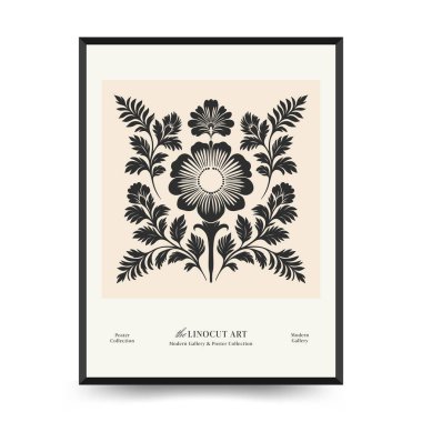 Soyut linocut çiçek posteri şablonu. Modern moda minimal tarz. Siyah ve beyaz renkler. Sihir, kızlar ve mistik. Duvar kağıdı, duvar dekoru, baskı, kartpostal, kapak, şablon, pankart için el çizimi tasarımı. 