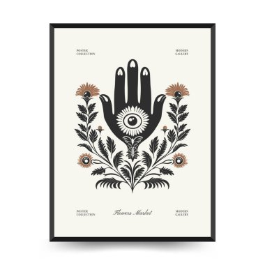 Soyut linocut çiçek posteri şablonu. Modern moda minimal tarz. Siyah ve beyaz renkler. Sihir, kızlar ve mistik. Duvar kağıdı, duvar dekoru, baskı, kartpostal, kapak, şablon, pankart için el çizimi tasarımı. 