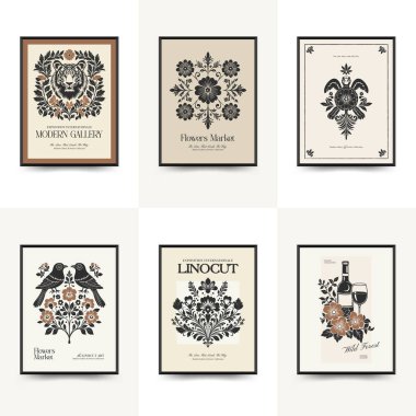 Soyut linocut çiçek posteri şablonu. Modern moda minimal tarz. Siyah ve beyaz renkler. Sihir, kızlar ve mistik. Duvar kağıdı, duvar dekoru, baskı, kartpostal, kapak, şablon, pankart için el çizimi tasarımı. 