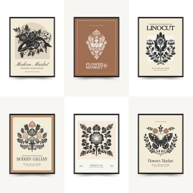 Soyut linocut çiçek posteri şablonu. Modern moda minimal tarz. Siyah ve beyaz renkler. Sihir, kızlar ve mistik. Duvar kağıdı, duvar dekoru, baskı, kartpostal, kapak, şablon, pankart için el çizimi tasarımı. 