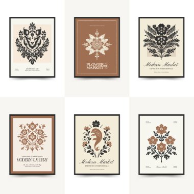 Soyut linocut çiçek posteri şablonu. Modern moda minimal tarz. Siyah ve beyaz renkler. Sihir, kızlar ve mistik. Duvar kağıdı, duvar dekoru, baskı, kartpostal, kapak, şablon, pankart için el çizimi tasarımı. 