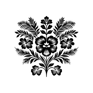 Büyülü soyut linocut çiçekler, kızlar ve süslü İskandinav tarzında mistik şeyler. El çizimi İllüstrasyon, Linocut Blok Yazısı.