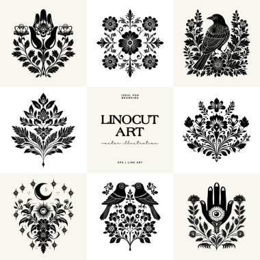 Büyülü soyut linocut çiçekler, kızlar ve süslü İskandinav tarzında mistik şeyler. El çizimi İllüstrasyon, Linocut Blok Yazısı.