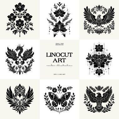 Büyülü soyut linocut çiçekler, kızlar ve süslü İskandinav tarzında mistik şeyler. El çizimi İllüstrasyon, Linocut Blok Yazısı.