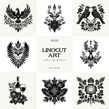 Büyülü soyut linocut çiçekler, kızlar ve süslü İskandinav tarzında mistik şeyler. El çizimi İllüstrasyon, Linocut Blok Yazısı.