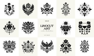 Büyülü soyut linocut çiçekler, kızlar ve süslü İskandinav tarzında mistik şeyler. El çizimi İllüstrasyon, Linocut Blok Yazısı.