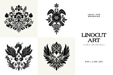 Büyülü soyut linocut çiçekler, kızlar ve süslü İskandinav tarzında mistik şeyler. El çizimi İllüstrasyon, Linocut Blok Yazısı.