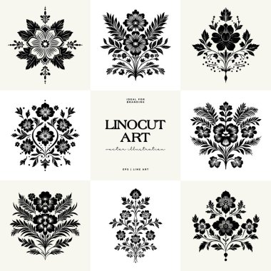 Büyülü soyut linocut çiçekler, kızlar ve süslü İskandinav tarzında mistik şeyler. El çizimi İllüstrasyon, Linocut Blok Yazısı.