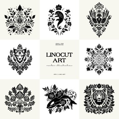 Büyülü soyut linocut çiçekler, kızlar ve süslü İskandinav tarzında mistik şeyler. El çizimi İllüstrasyon, Linocut Blok Yazısı.