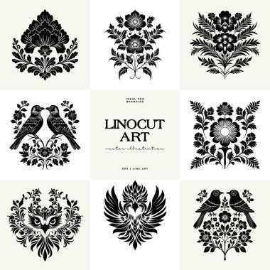 Büyülü soyut linocut çiçekler, kızlar ve süslü İskandinav tarzında mistik şeyler. El çizimi İllüstrasyon, Linocut Blok Yazısı.