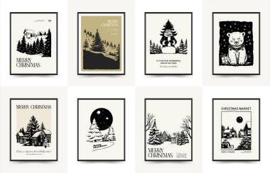 Mutlu Noeller ve mutlu yıllar dikey uçucu ya da poster şablonu. Modern trend Matisse minimal tarzı. Duvar kağıdı, duvar dekoru, baskı, kartpostal, kapak, şablon, pankart için el çizimi tasarımı.