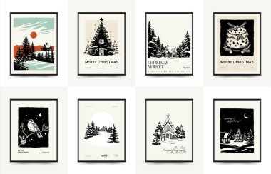 Mutlu Noeller ve mutlu yıllar dikey uçucu ya da poster şablonu. Modern trend Matisse minimal tarzı. Duvar kağıdı, duvar dekoru, baskı, kartpostal, kapak, şablon, pankart için el çizimi tasarımı.