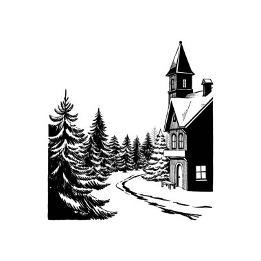 Mutlu Noeller ve mutlu yıllar illüstrasyonları, tebrik kartları, posterler, tatil örtüleri için. Xmas şenlikli linocut siyah el çizimi.