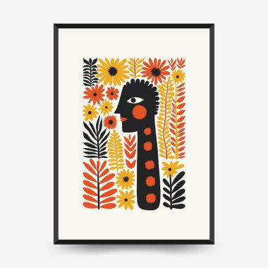 Soyut folk İskandinav sanat posterleri şablonu. Modern moda minimal tarz. Tropik orman. Duvar kağıdı, duvar dekoru, baskı, kartpostal, kapak, şablon, pankart için el çizimi tasarımı. 