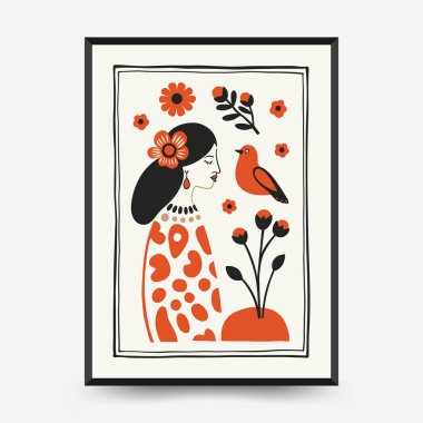 Soyut folk İskandinav sanat posterleri şablonu. Modern moda minimal tarz. Tropik orman. Duvar kağıdı, duvar dekoru, baskı, kartpostal, kapak, şablon, pankart için el çizimi tasarımı. 