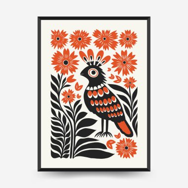 Soyut folk İskandinav sanat posterleri şablonu. Modern moda minimal tarz. Tropik orman. Duvar kağıdı, duvar dekoru, baskı, kartpostal, kapak, şablon, pankart için el çizimi tasarımı. 