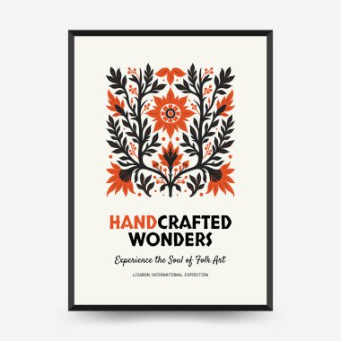 Soyut folk İskandinav sanat posterleri şablonu. Modern moda minimal tarz. Tropik orman. Duvar kağıdı, duvar dekoru, baskı, kartpostal, kapak, şablon, pankart için el çizimi tasarımı. 