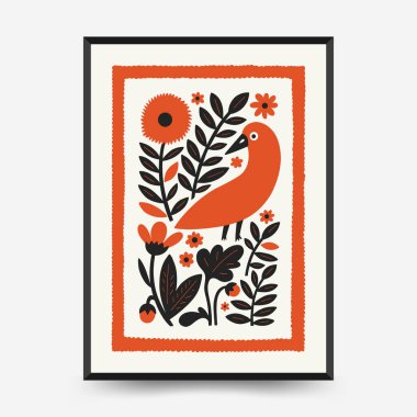 Soyut folk İskandinav sanat posterleri şablonu. Modern moda minimal tarz. Tropik orman. Duvar kağıdı, duvar dekoru, baskı, kartpostal, kapak, şablon, pankart için el çizimi tasarımı. 