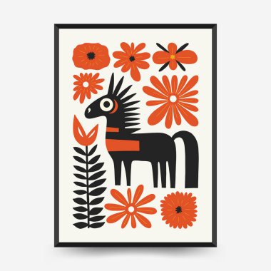 Soyut folk İskandinav sanat posterleri şablonu. Modern moda minimal tarz. Tropik orman. Duvar kağıdı, duvar dekoru, baskı, kartpostal, kapak, şablon, pankart için el çizimi tasarımı. 