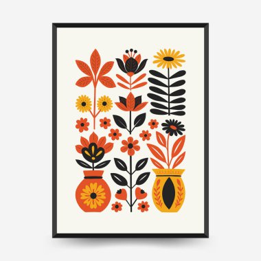 Soyut folk İskandinav sanat posterleri şablonu. Modern moda minimal tarz. Tropik orman. Duvar kağıdı, duvar dekoru, baskı, kartpostal, kapak, şablon, pankart için el çizimi tasarımı. 