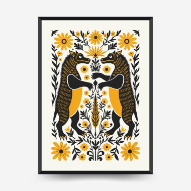 Soyut folk İskandinav sanat posterleri şablonu. Modern moda minimal tarz. Tropik orman. Duvar kağıdı, duvar dekoru, baskı, kartpostal, kapak, şablon, pankart için el çizimi tasarımı. 