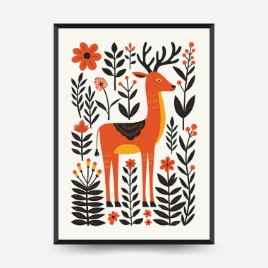 Soyut folk İskandinav sanat posterleri şablonu. Modern moda minimal tarz. Tropik orman. Duvar kağıdı, duvar dekoru, baskı, kartpostal, kapak, şablon, pankart için el çizimi tasarımı. 