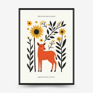 Soyut folk İskandinav sanat posterleri şablonu. Modern moda minimal tarz. Tropik orman. Duvar kağıdı, duvar dekoru, baskı, kartpostal, kapak, şablon, pankart için el çizimi tasarımı. 